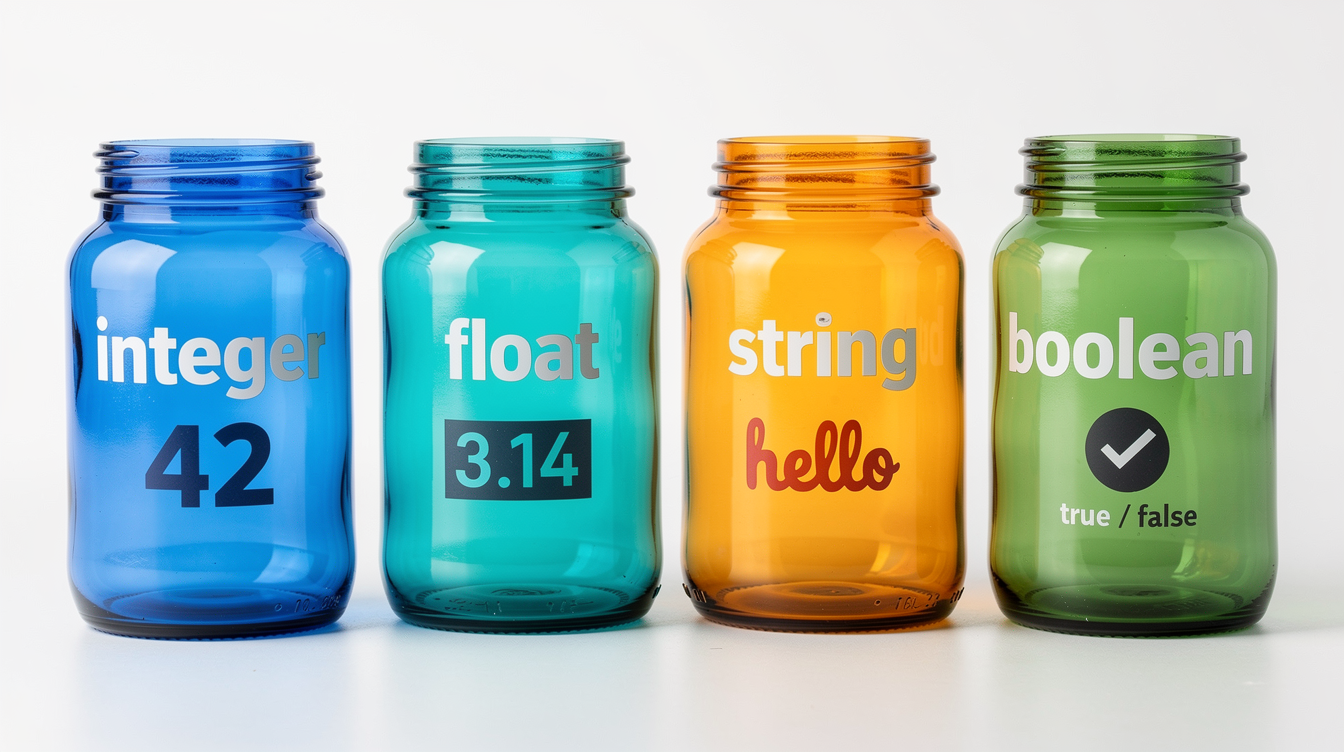 파이썬 주요 자료형(정수, 실수, 문자열, 불리언)을 상징하는 컬러풀한 데이터 타입 용기 예시