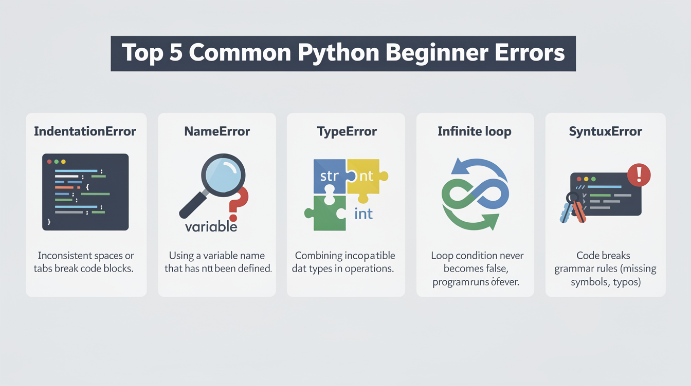 초보자가 자주 하는 파이썬 5가지 실수와 해결 방법을 일러스트로 표현한 인포그래픽