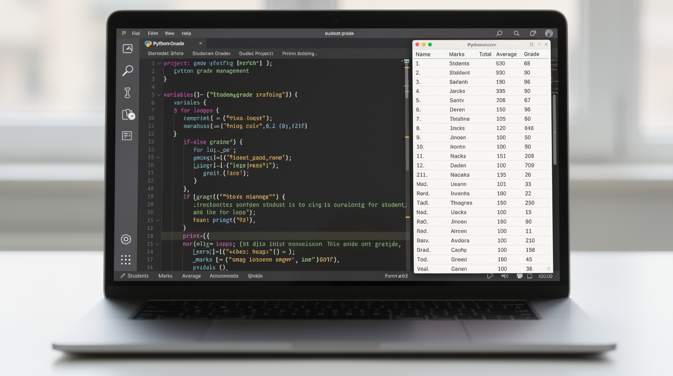학생 성적 관리 프로그램 코드 실행 화면과 변수, 반복문, 조건문, 출력 함수가 결합된 모습