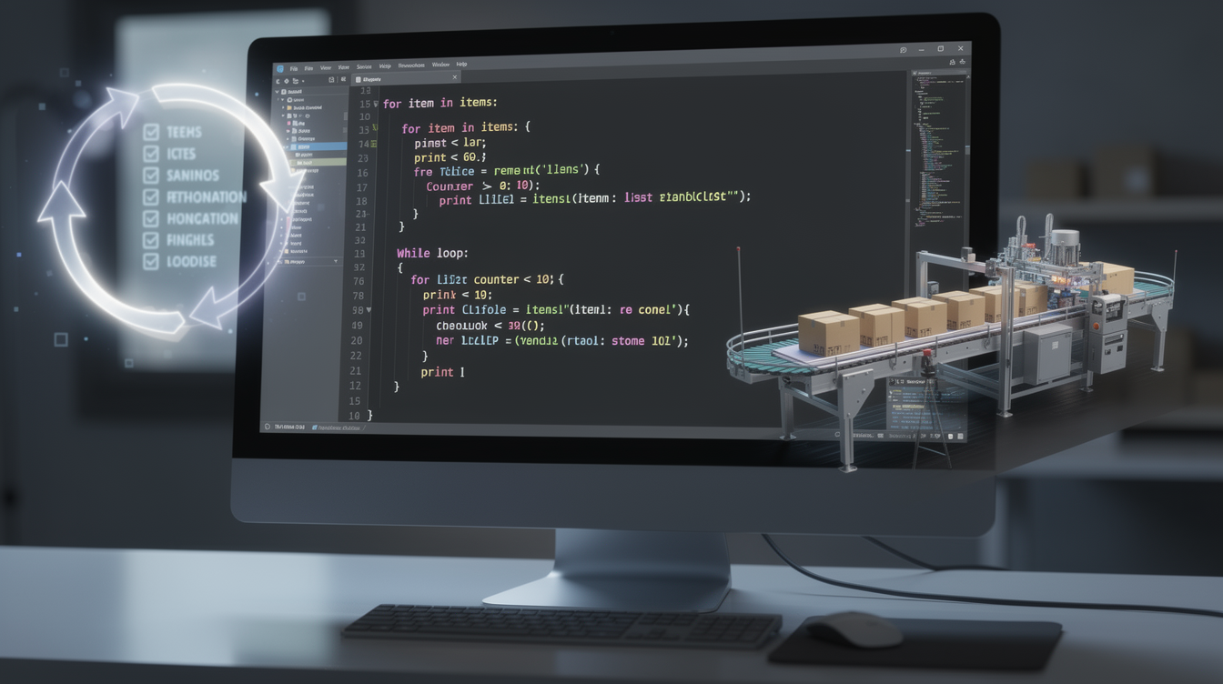 for와 while 반복문 코드가 실행되는 컴퓨터 화면과 반복 작업을 상징하는 시각적 메타포