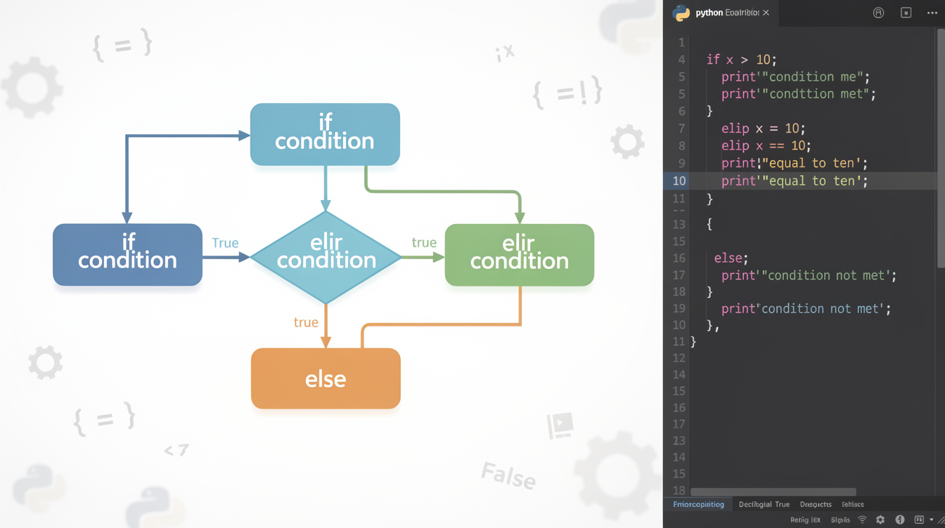 if, elif, else 조건문 흐름과 분기 구조를 보여주는 흐름도와 파이썬 코드 예시