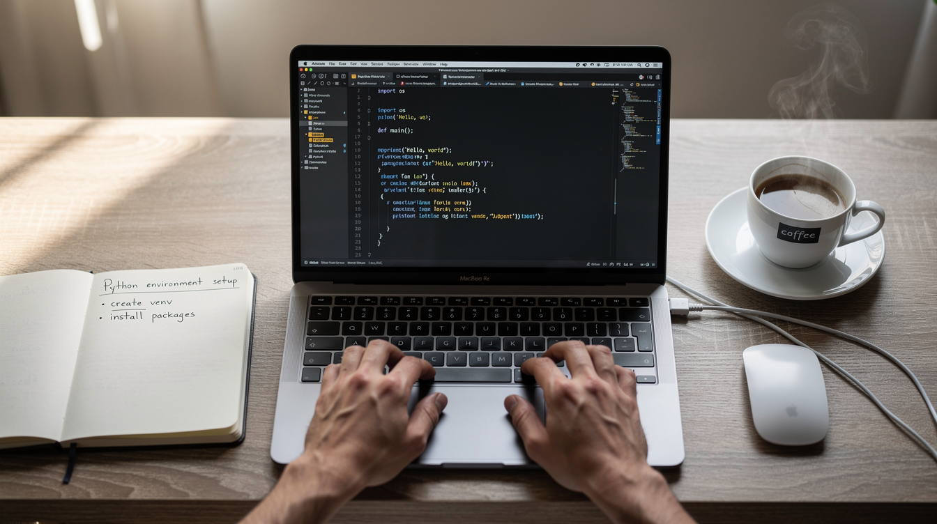 파이썬 환경 설정과 코딩 준비를 하는 현대적인 컴퓨터 작업 공간