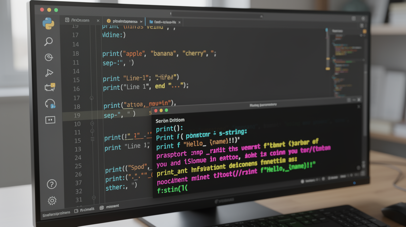 파이썬 print() 함수 사용법과 sep, end 매개변수, f-string 출력 예시를 보여주는 컴퓨터 화면