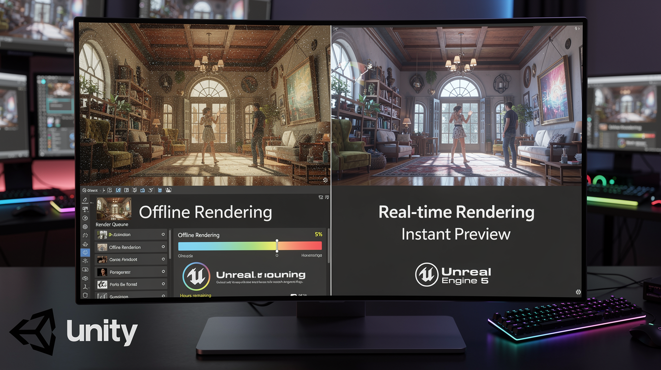 전통적인 오프라인 렌더링과 실시간 렌더링 기술의 비교 이미지, 언리얼 엔진 5와 유니티 로고 포함