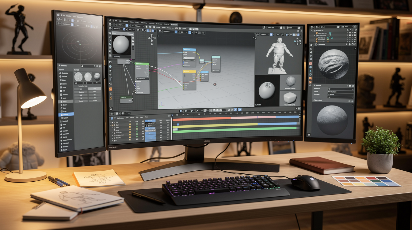 최신 디지털 3D 작업공간과 Blender 소프트웨어 인터페이스를 보여주는 이미지