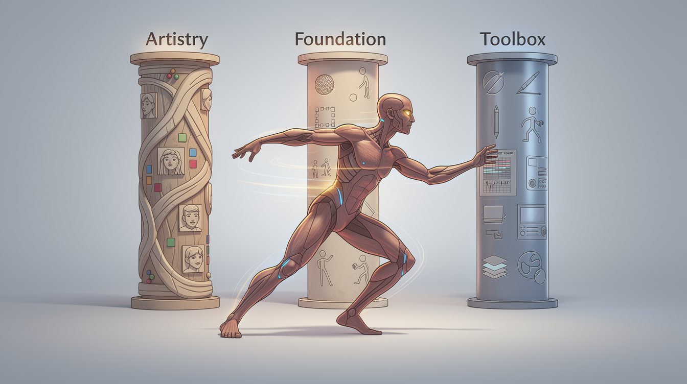 3D 애니메이션 기술 스킬셋의 세 가지 핵심 기둥을 인간 형태에 융합해 표현한 이미지