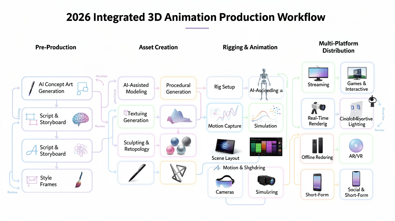 2026년 표준 통합 3D 애니메이션 제작 워크플로우 시각적 맵