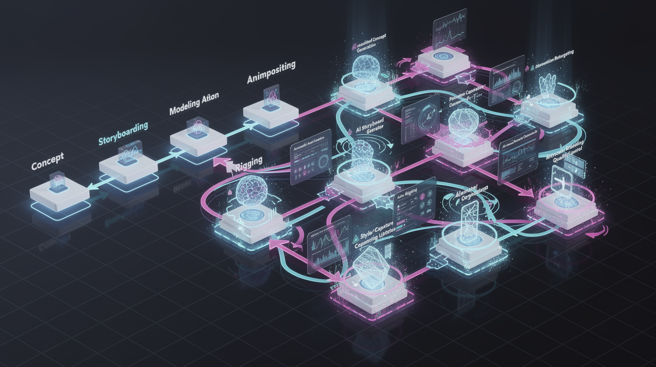 AI로 혁신된 3D 애니메이션 파이프라인의 역동적 변화를 나타내는 시각적 다이어그램