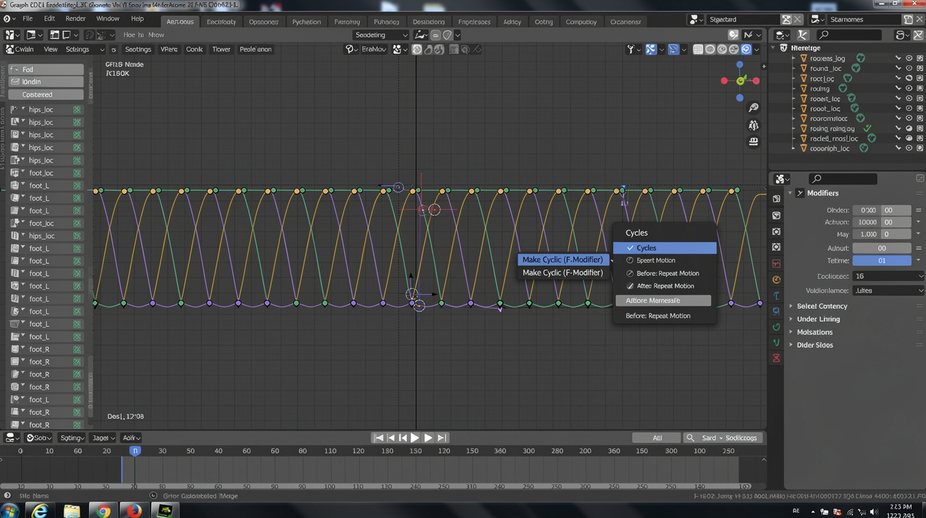 Blender 그래프 에디터에서 반복 모드 설정으로 끊김 없이 루프 애니메이션 만드는 모습