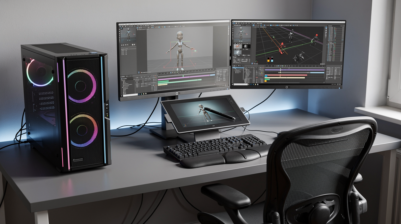 3D 애니메이션 작업용 데스크톱과 태블릿이 놓인 작업 공간