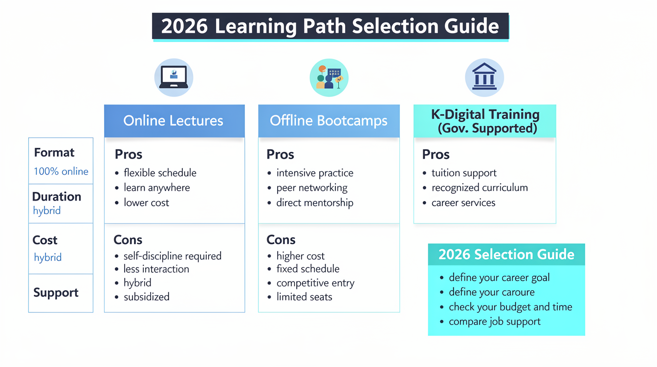 온라인 강의, 오프라인 부트캠프, 국비지원 교육 비교표 그래픽
