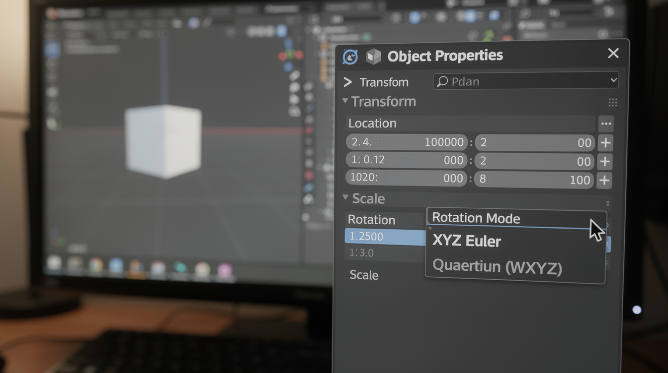 Blender 오브젝트 프로퍼티에서 회전 모드를 XYZ Euler에서 Quaternion으로 변경하는 화면