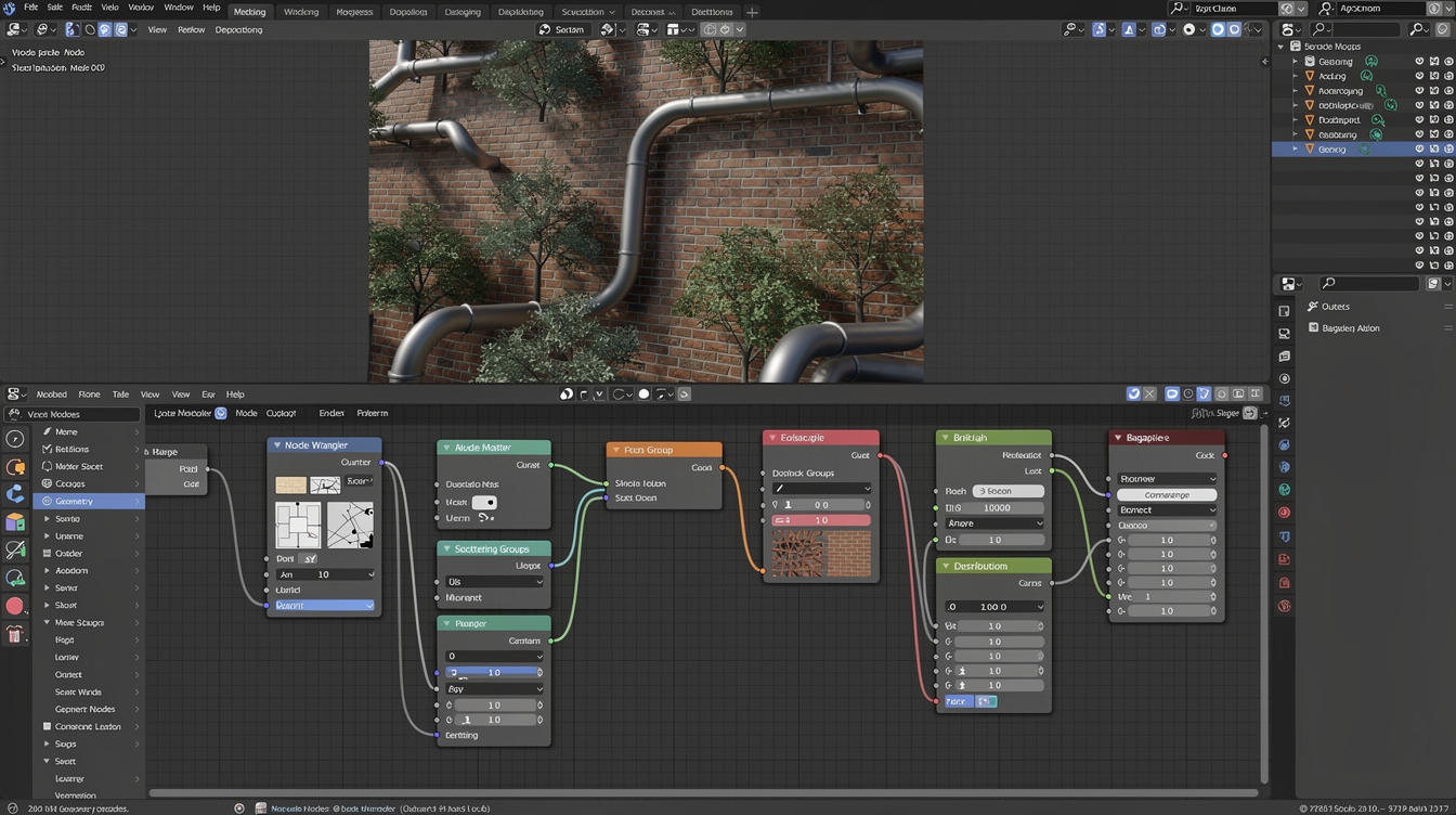 Blender 지오메트리 노드에서 Node Wrangler와 Bagapie Modifier를 사용한 절차적 작업 예시