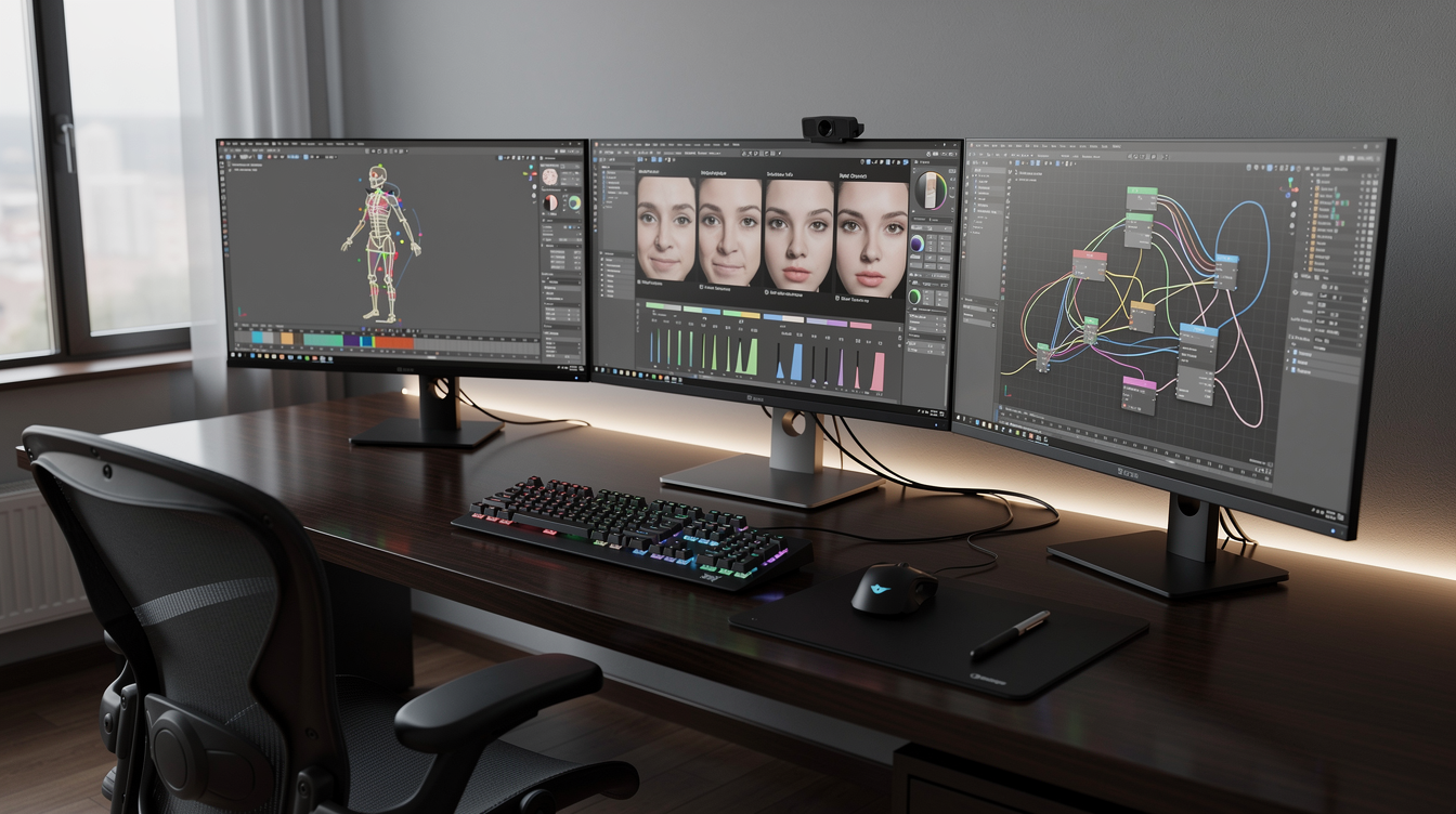 Blender 소프트웨어 인터페이스가 열려있는 전문 애니메이션 작업 환경