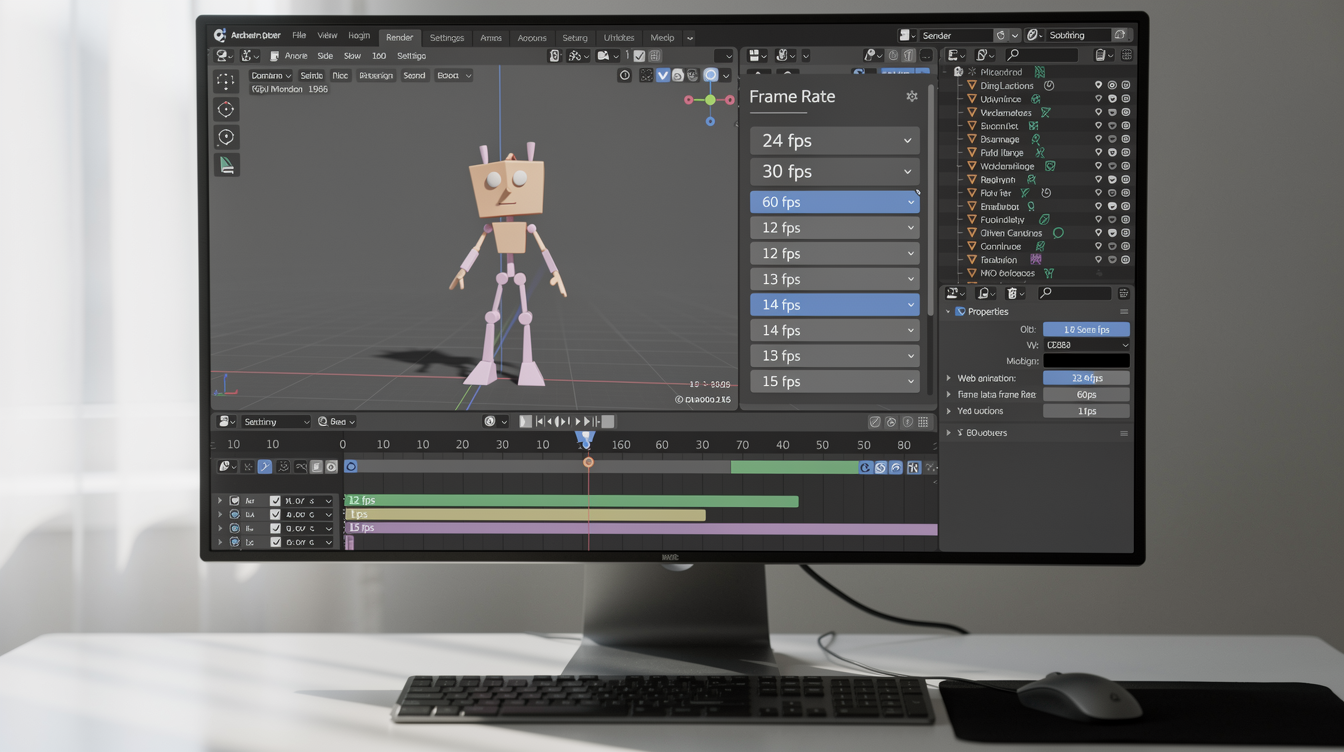 Blender에서 프레임률 설정 화면과 배경의 3D 애니메이션 작업 환경