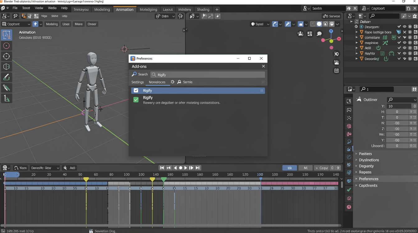 Blender에서 애니메이션 작업을 위한 기본 환경 설정 및 Rigify 애드온 활성화 화면