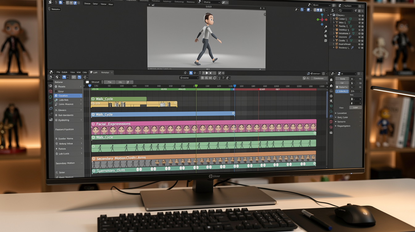 Blender 비선형 애니메이션 에디터에서 걷기 사이클과 표정, 보조 움직임 레이어가 관리되는 애니메이션 워크플로우