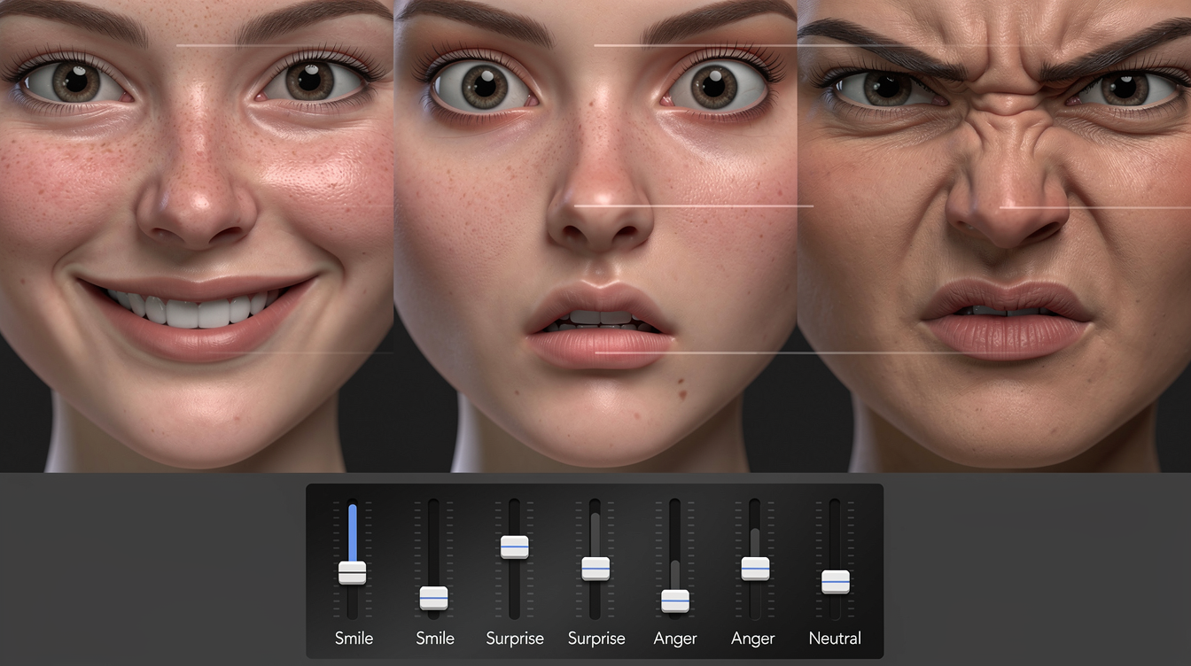 다양한 쉐입 키가 활성화되어 미소에서 놀람, 분노까지 부드럽게 변환되는 3D 캐릭터 얼굴 표정