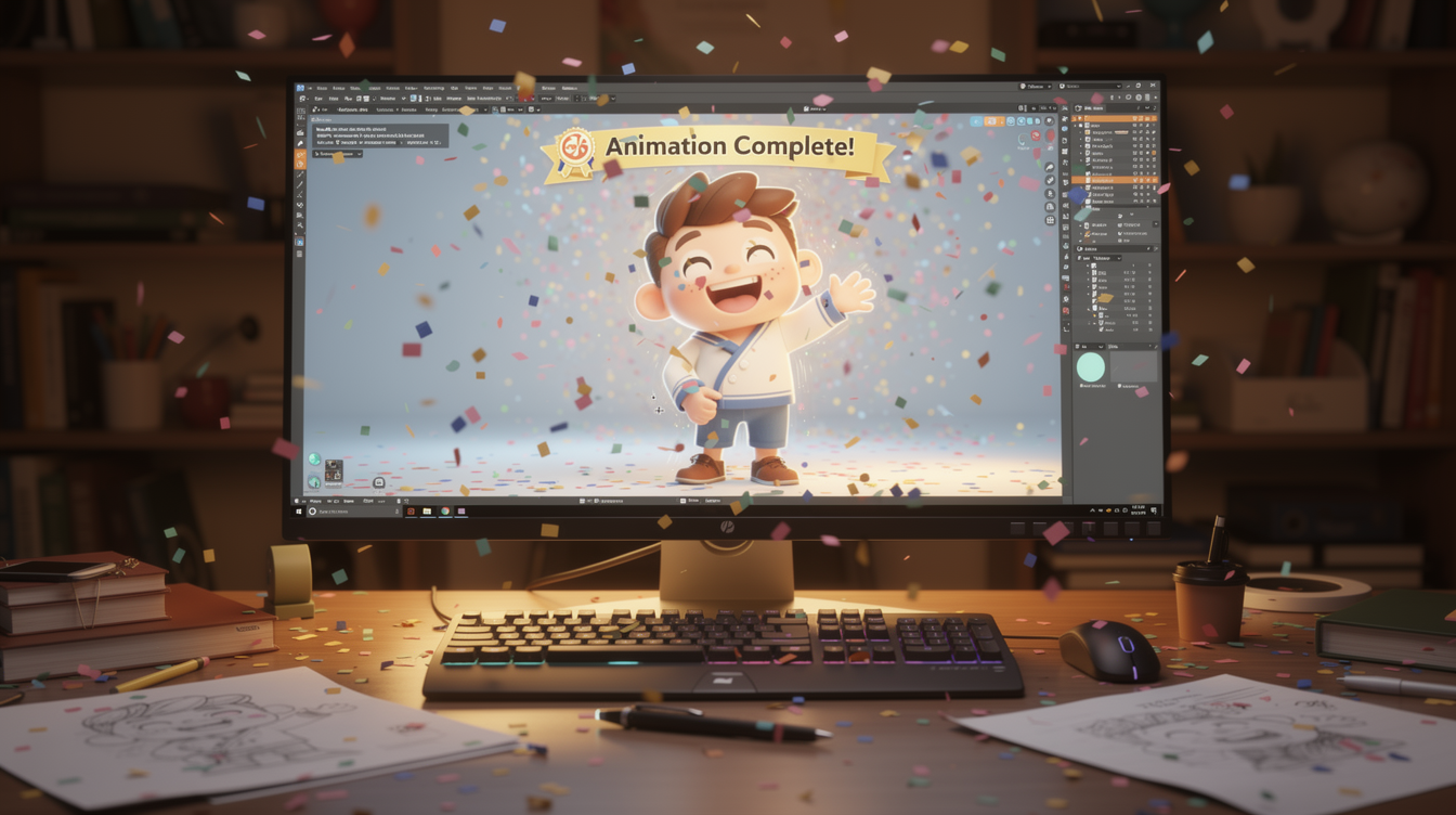 첫 캐릭터 애니메이션 완성을 축하하는 기쁨의 3D 캐릭터 장면