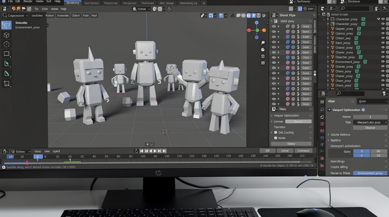 Blender 애니메이션 작업 시 고폴리곤 대신 프로시 저폴리곤 모델을 사용해 뷰포트 성능을 최적화하는 모습