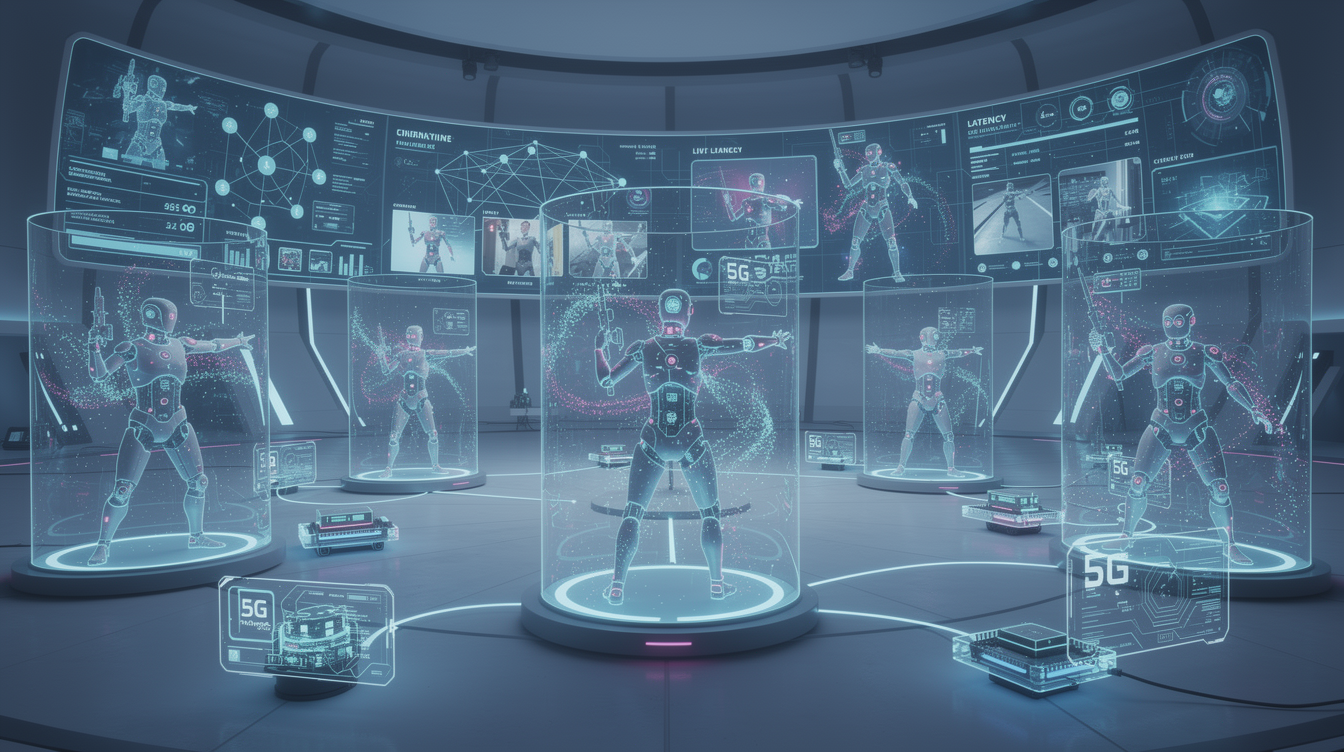 5G와 엣지 컴퓨팅으로 연결된 원격 배우들이 가상 스튜디오에서 동기화된 모션 캡처를 하는 미래형 디지털 협업 장면