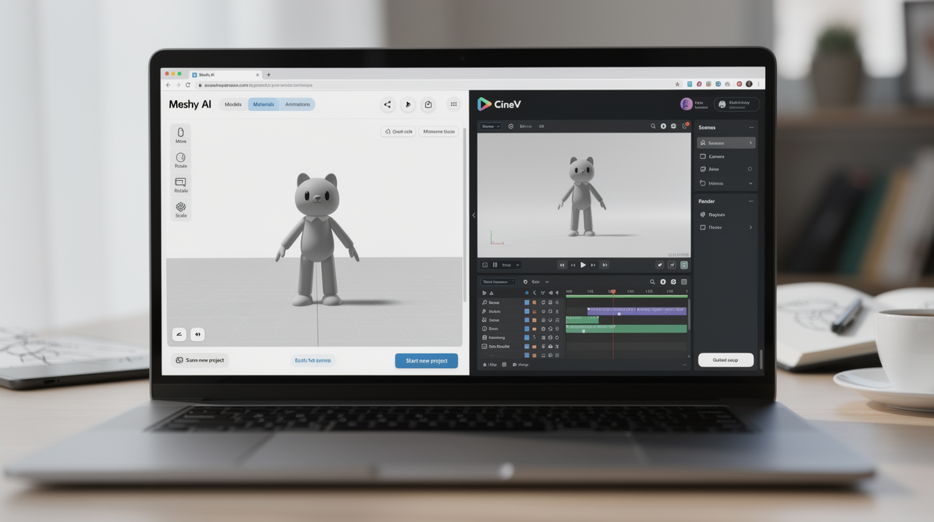 초보자와 1인 창작자가 쉽게 사용할 수 있는 Meshy AI와 시네브이 웹 기반 인터페이스 화면