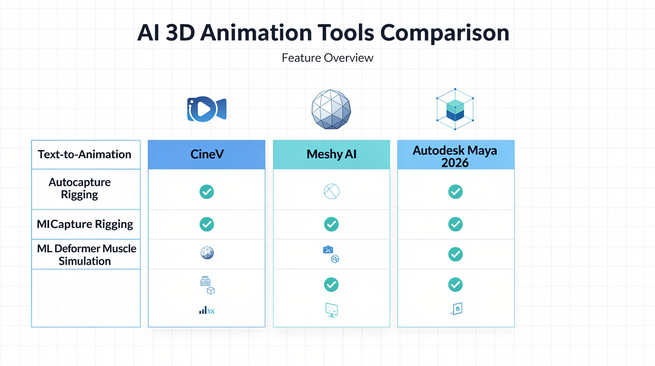 2026년 기준 주요 AI 3D 애니메이션 도구들의 기능과 장단점을 비교한 인포그래픽 표