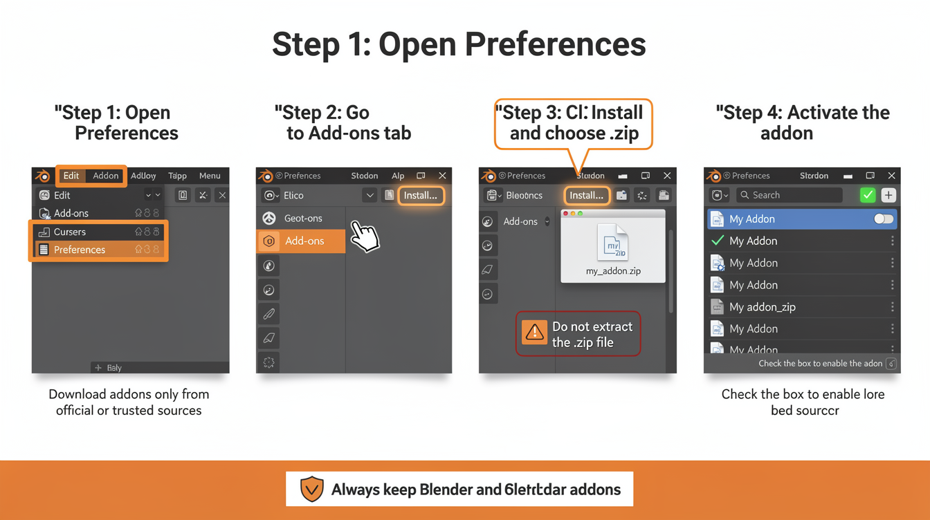 Blender 애드온 안전한 설치 과정 단계별 설명