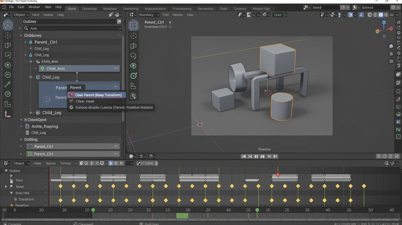 Blender에서 부모-자식 관계 설정과 애니메이션 키 중복 문제 및 관계 해제 과정