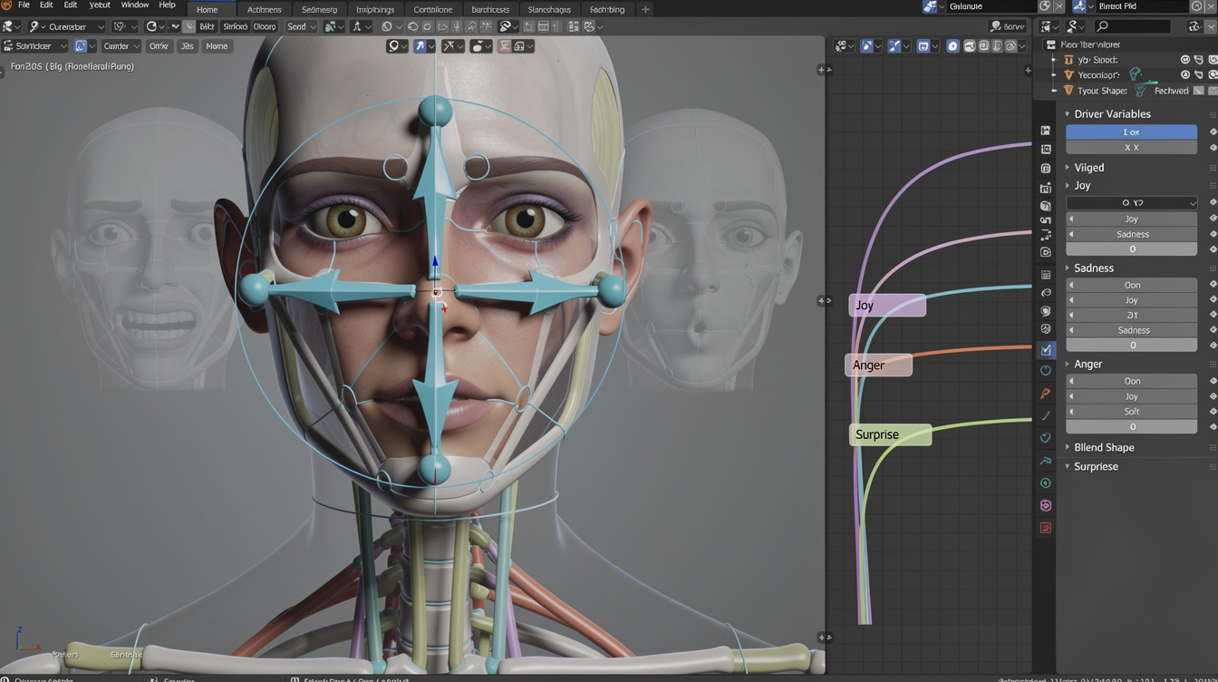 Blender에서 감정 기반 자동 페이셜 애니메이션을 위한 2축 컨트롤 본과 드라이버 설정