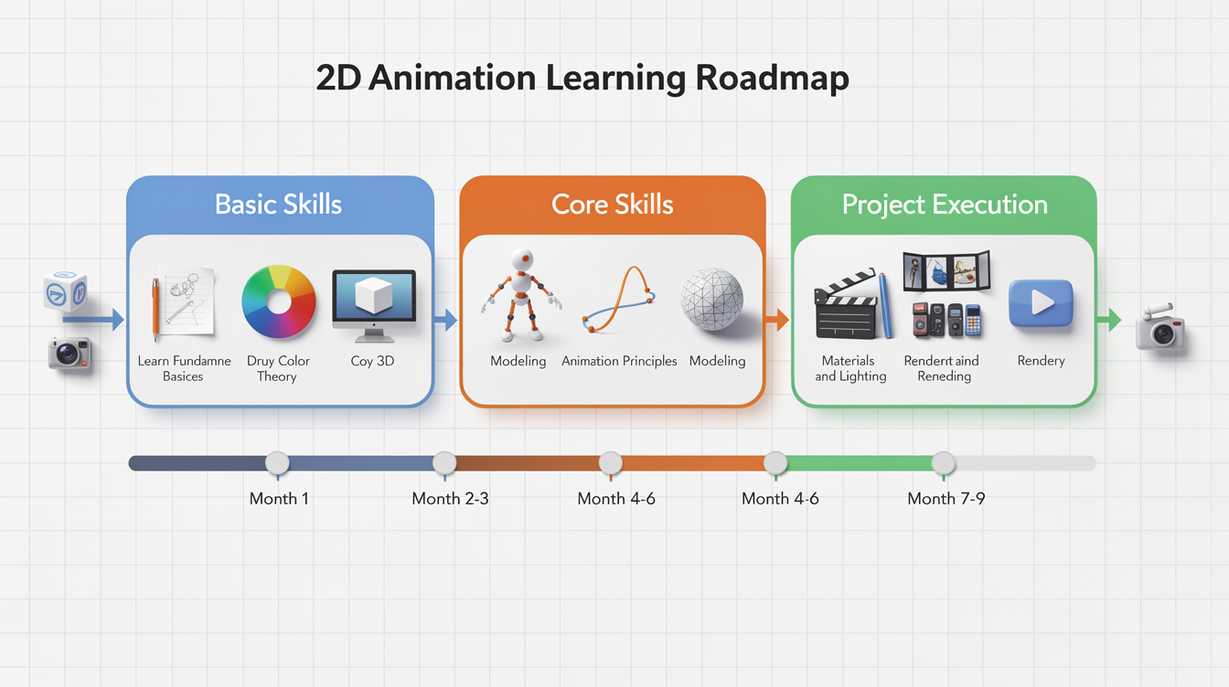 3D 애니메이션 학습 방법 단계별 로드맵을 보여주는 시각적 도표