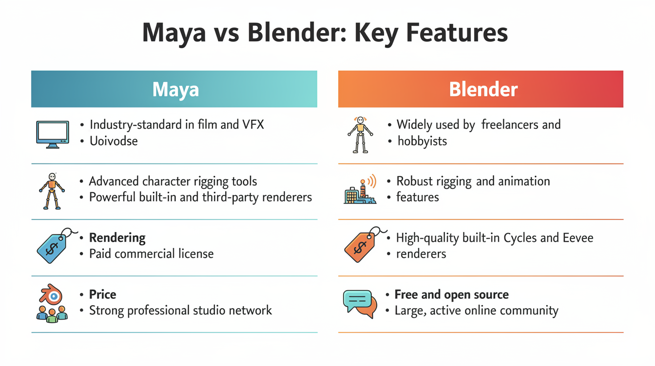 Maya와 Blender의 주요 기능과 특징을 비교하는 인포그래픽