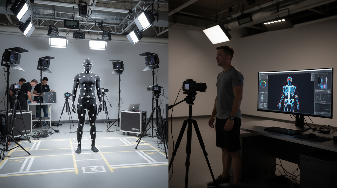 전통적인 마커 기반 모션 캡처 스튜디오와 AI 마커리스 모션 캡처 기술이 함께 비교된 장면