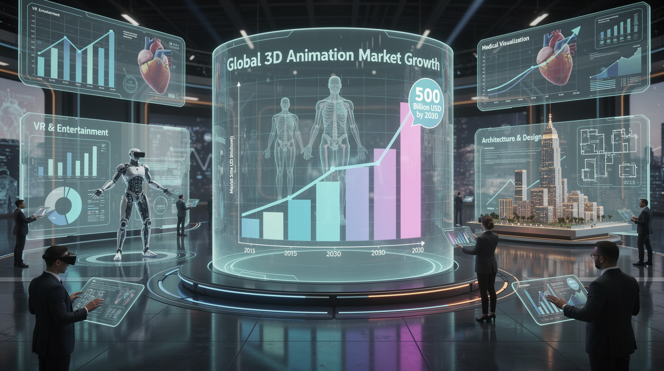 3D 애니메이션 시장의 성장과 다양한 분야 응용을 나타내는 미래형 디지털 콘텐츠 시장 그래픽