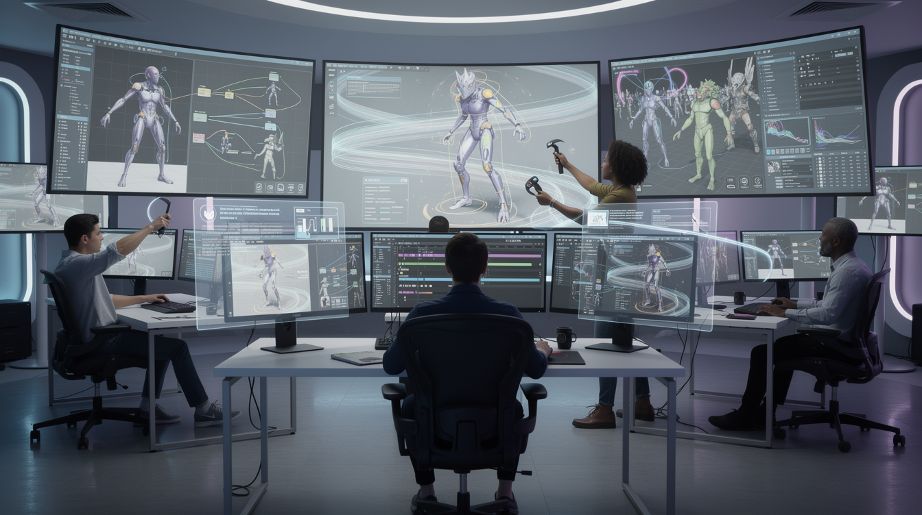 AI가 3D 애니메이션 제작 과정에서 아티스트와 협력하는 미래형 스튜디오 모습