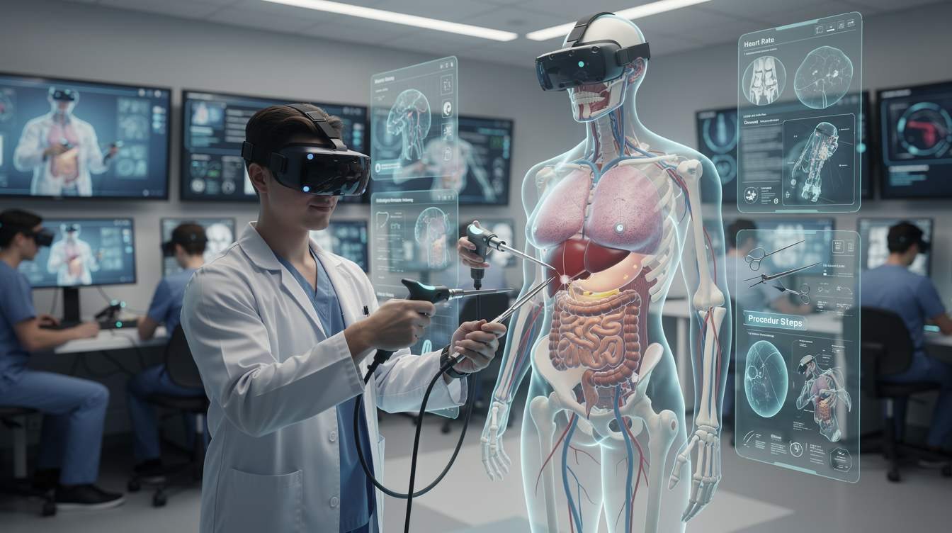 VR을 활용한 의료 실습 교육 장면, 3D 애니메이션 모델과 도구가 포함된 몰입형 학습 환경