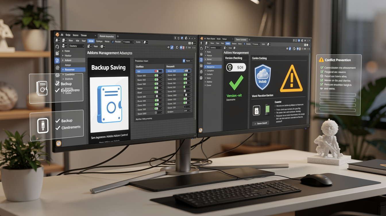 Blender 애드온 충돌 방지와 관리 팁을 보여주는 전문가용 작업 환경