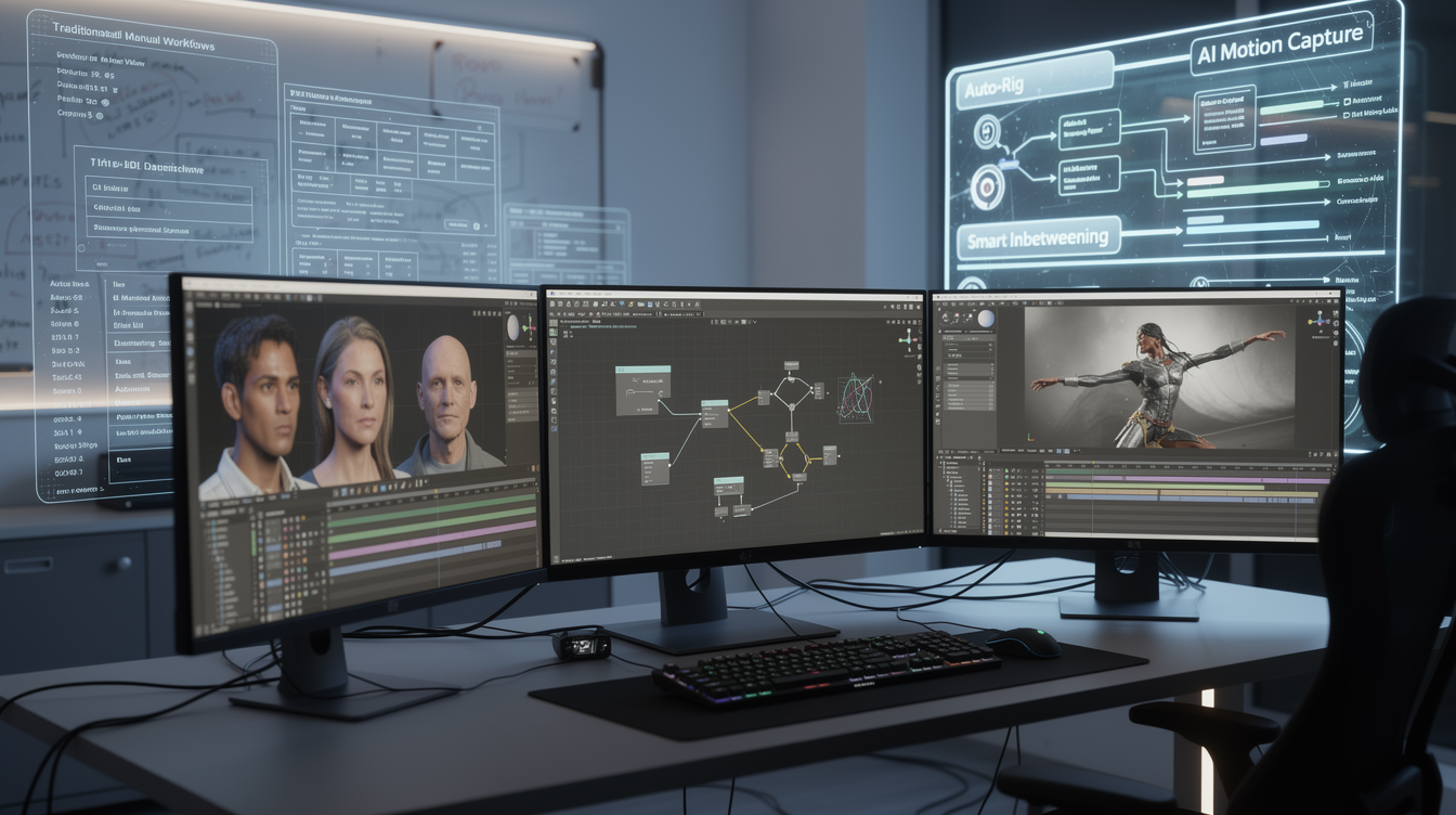 AI 기술로 3D 애니메이션 제작이 자동화되고 있는 미래형 작업 공간의 모습