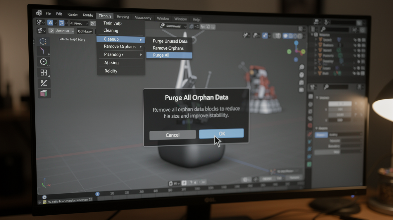 Blender에서 파일 정리 기능으로 고아 데이터 제거 및 파일 최적화를 실행하는 화면