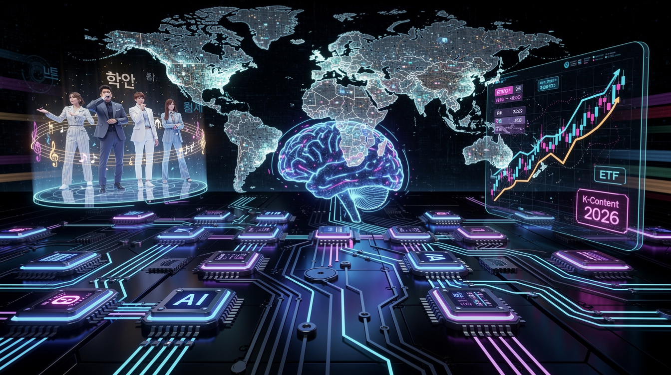2026년 주목해야 할 투자 트렌드인 AI, 반도체, K-콘텐츠 및 글로벌 우량주를 상징하는 미래 지향적 이미지