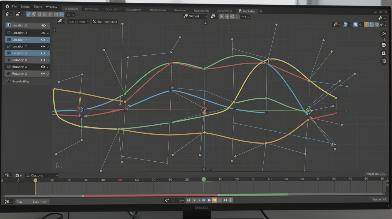 Blender 그래프 에디터에서 보간 곡선 핸들을 조절하여 미끄러지거나 부자연스러운 움직임을 수정하는 장면