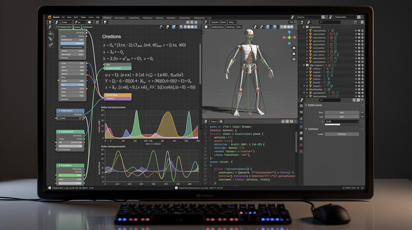 Blender 드라이버 에디터에서 수학 공식과 파이썬 코드가 통합된 프로시저럴 애니메이션 자동화 화면