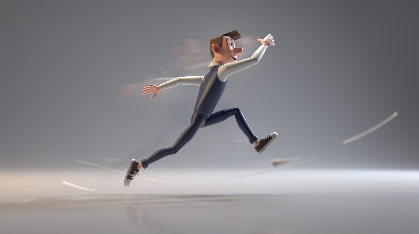 블렌더에서 역동적인 달리기와 점프 애니메이션을 보여주는 캐릭터