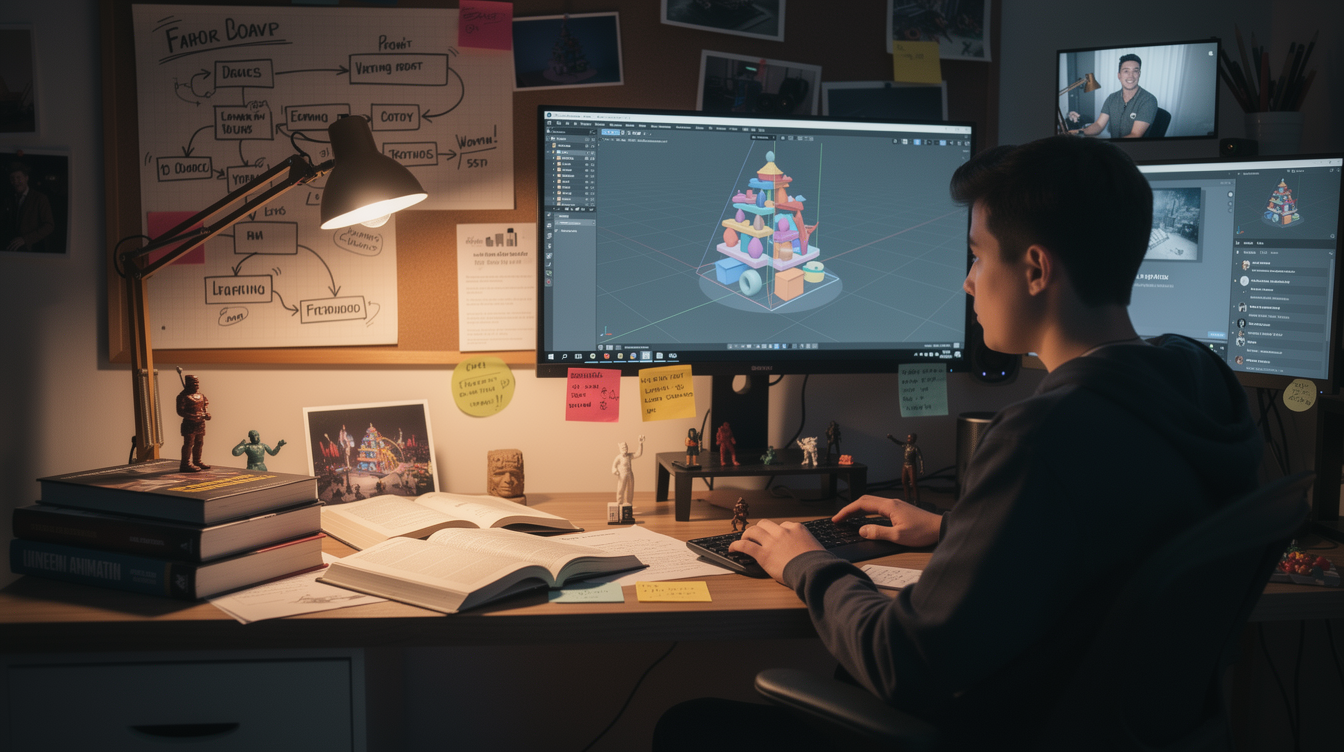 Blender 학습 자료와 커뮤니티를 활용해 공부하는 모습