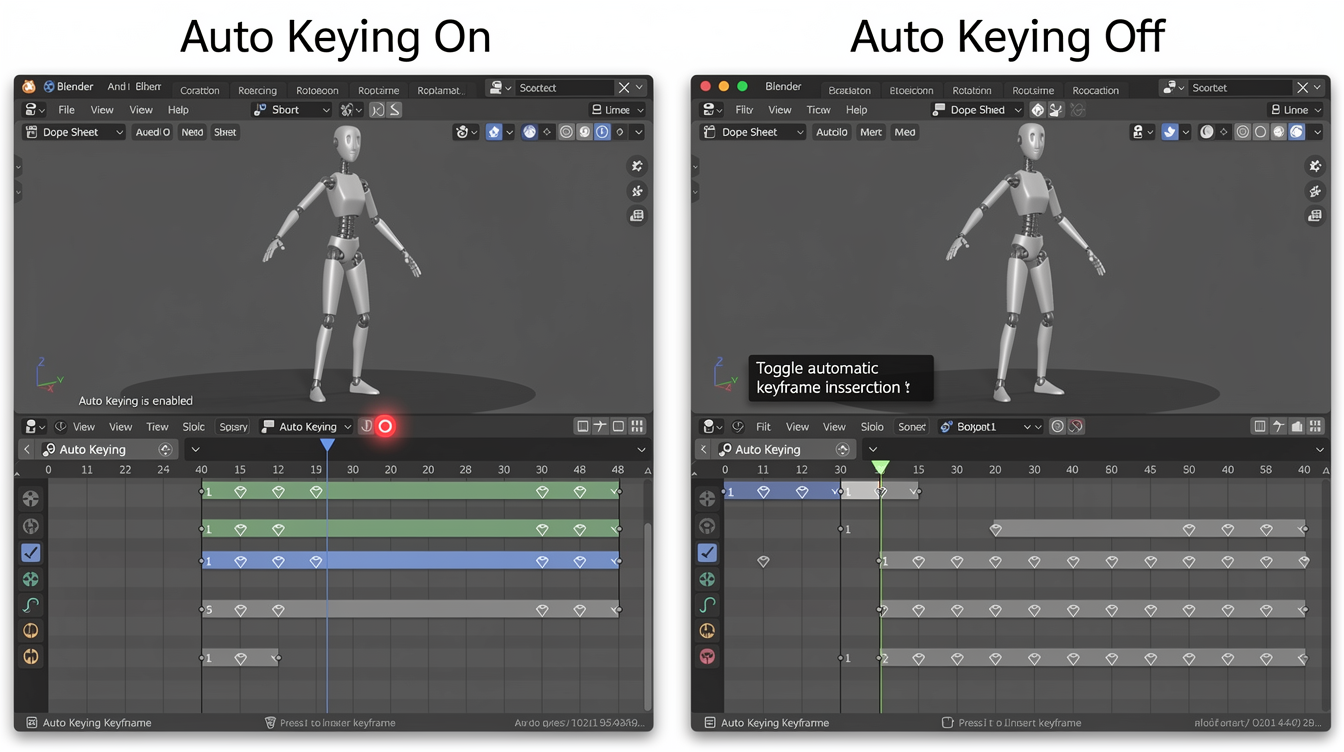 Blender 타임라인에서 자동 키프레임 기능 켜고 끄는 장면과 의도치 않은 키프레임 생성 설명