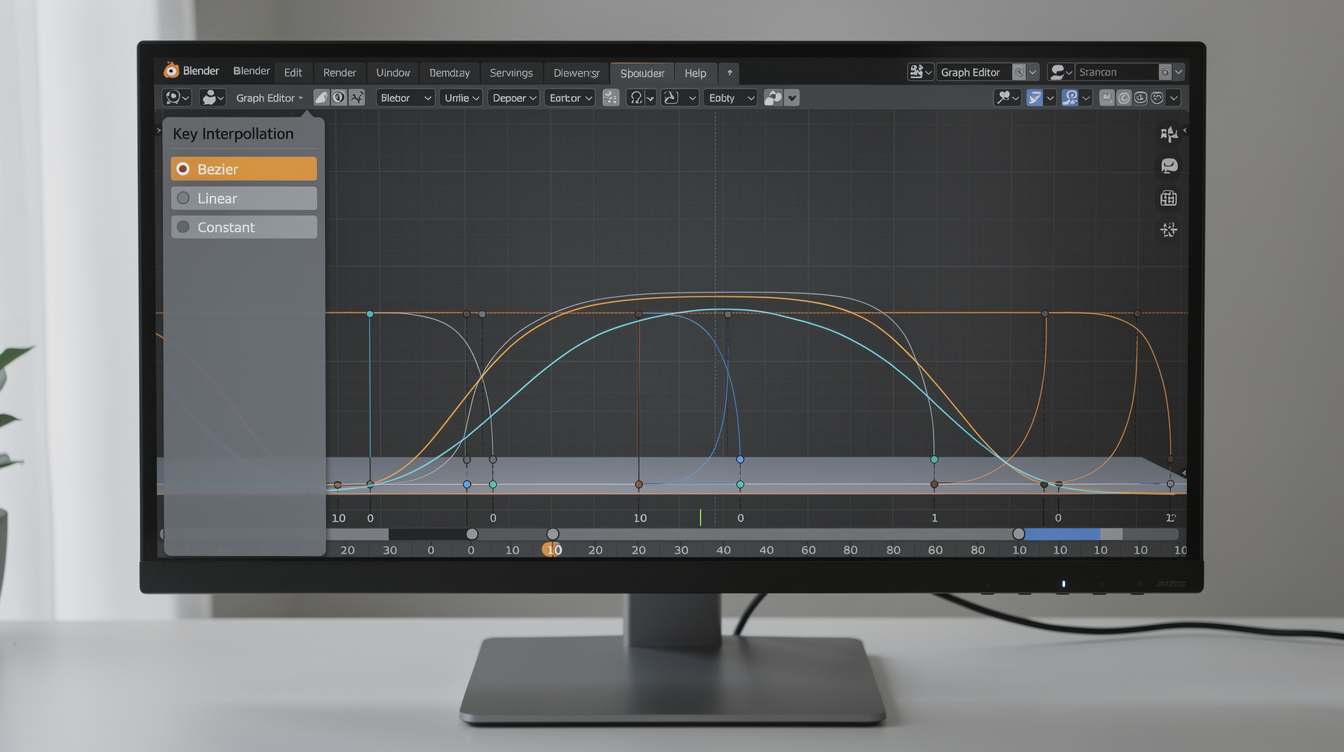 Blender에서 기본 키프레임 보간법 설정과 그래프 에디터에 표시된 곡선들