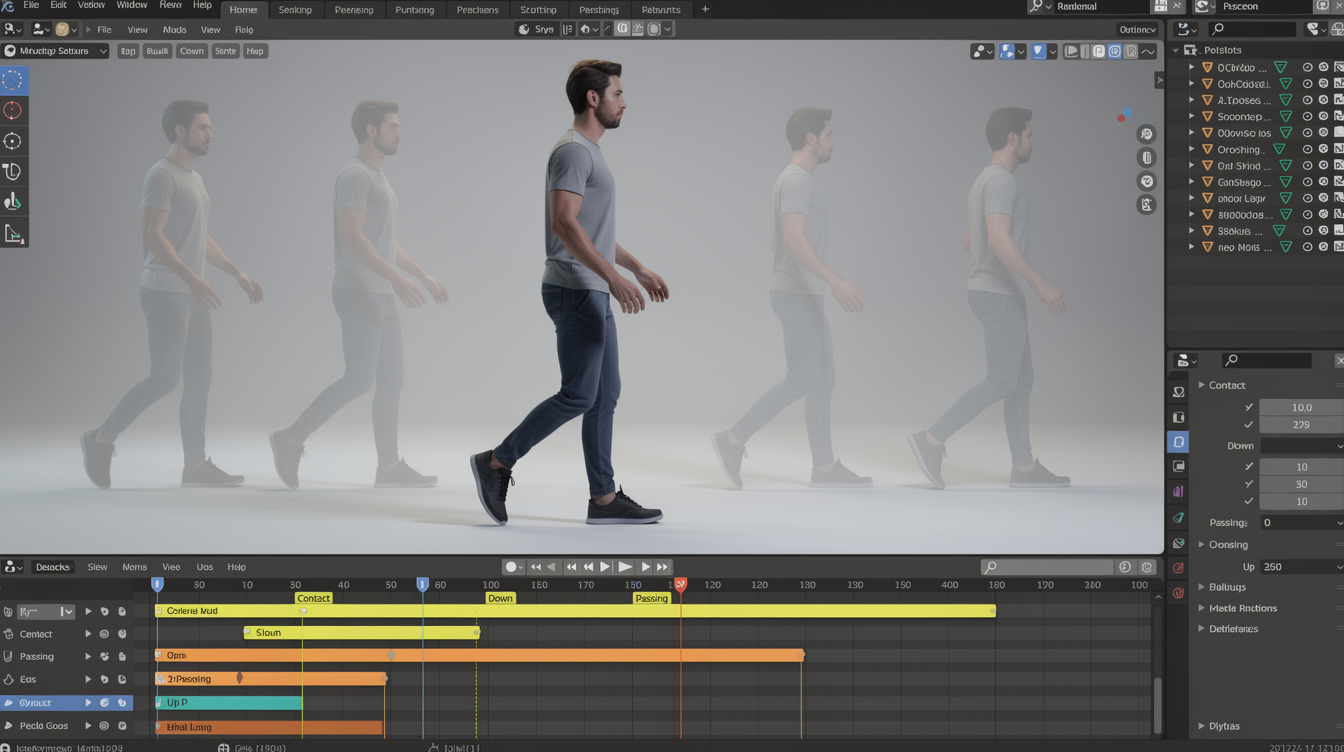 걷기 사이클의 핵심 포즈들이 적용된 3D 캐릭터와 블렌더 타임라인 화면