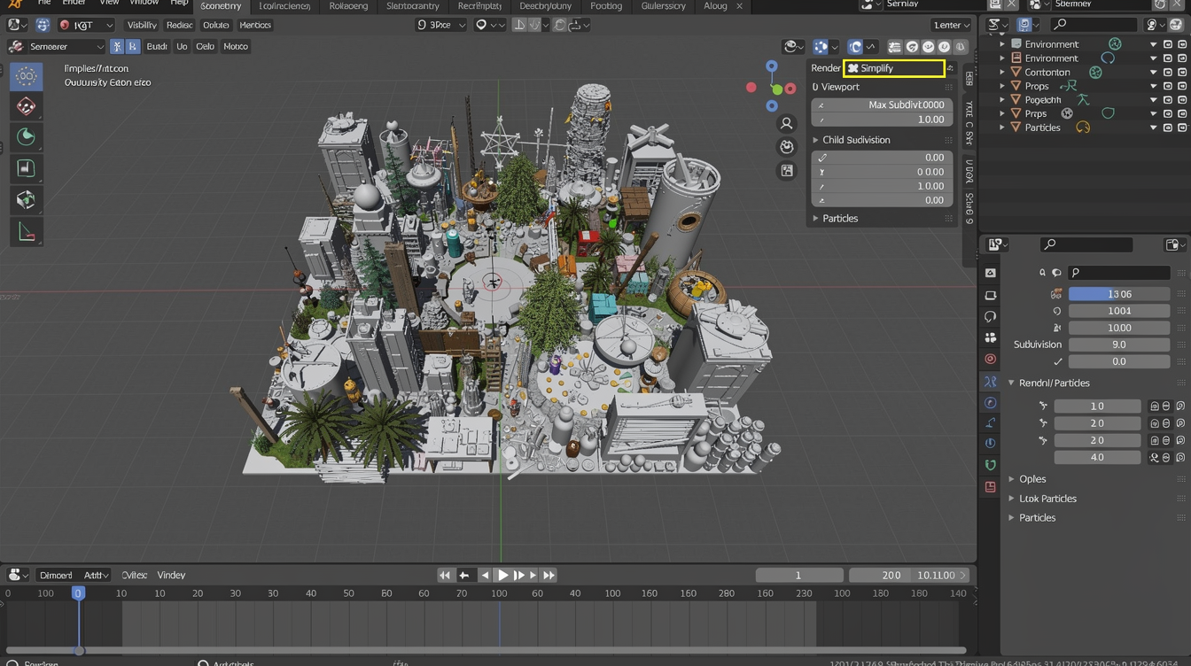 Blender에서 뷰포트 성능 최적화를 위해 Simplify 설정과 뷰포트 가시성 관리하는 장면