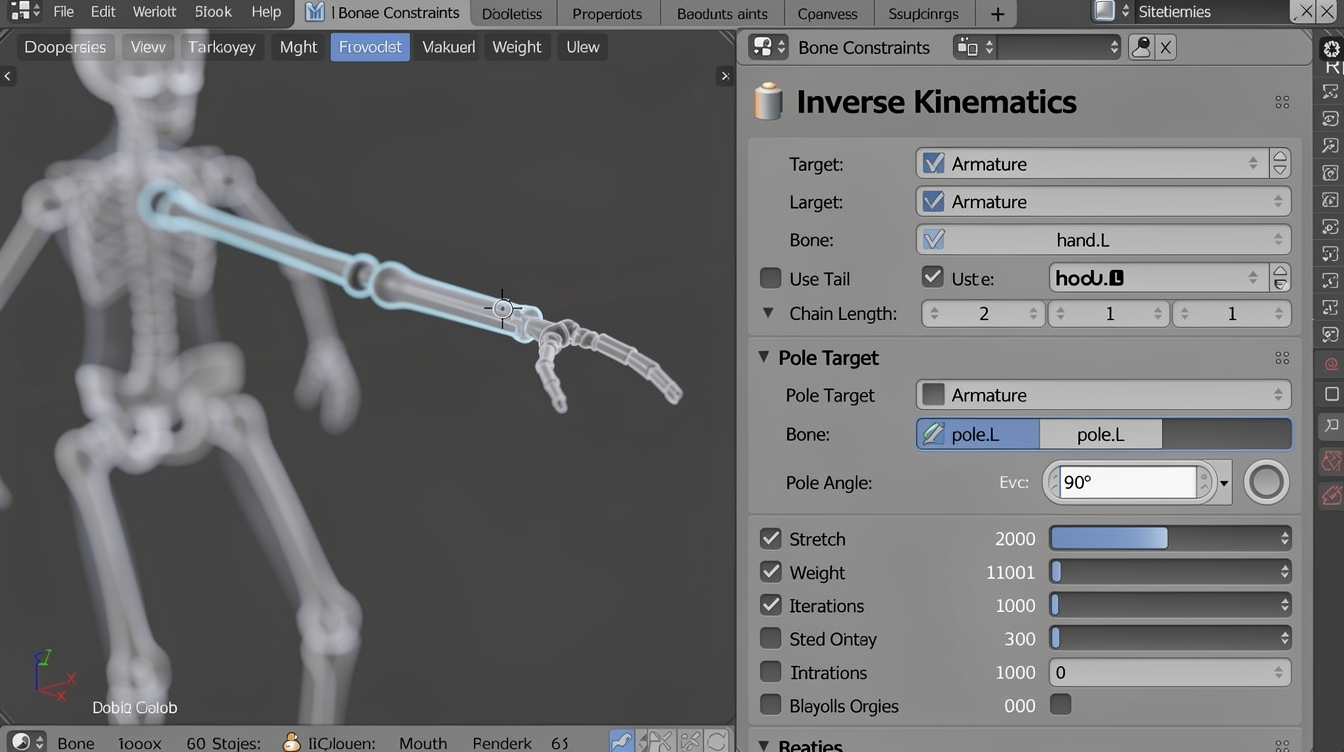 Blender 리깅에서 IK 설정의 Pole Target과 Pole Angle 조절 화면