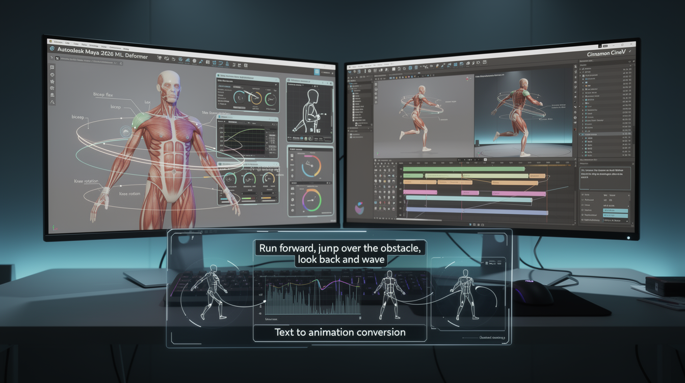 Autodesk Maya의 ML Deformer와 Cinnamon CineV 같은 AI 기반 3D 애니메이션 도구가 자동으로 제작하는 과정